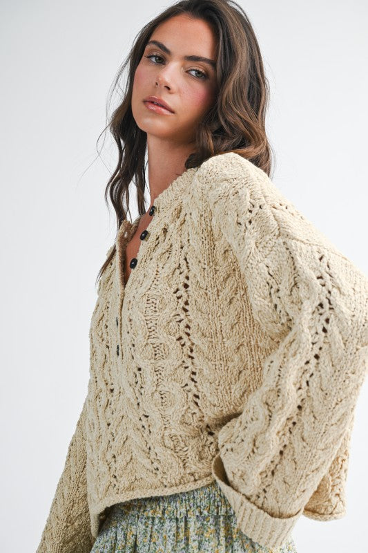 Aemi + Co Textured Cropped Henley Knit Sweater