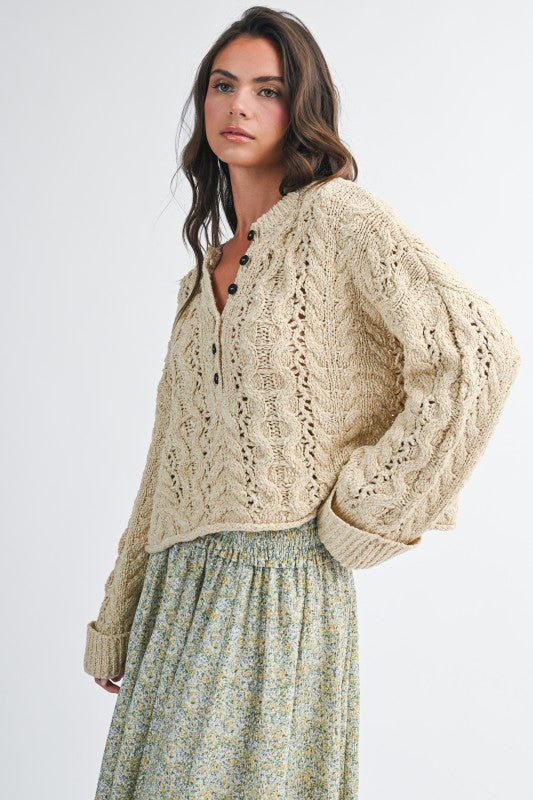 Aemi + Co Textured Cropped Henley Knit Sweater