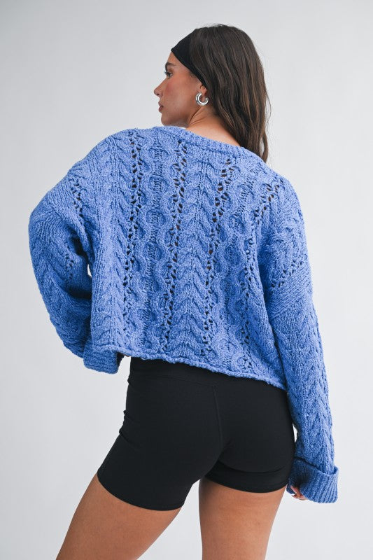 Aemi + Co Textured Cropped Henley Knit Sweater