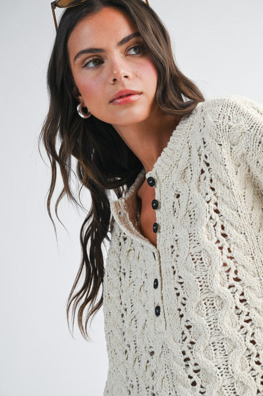 Aemi + Co Textured Cropped Henley Knit Sweater