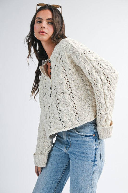 Aemi + Co Textured Cropped Henley Knit Sweater