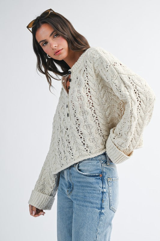 Aemi + Co Textured Cropped Henley Knit Sweater