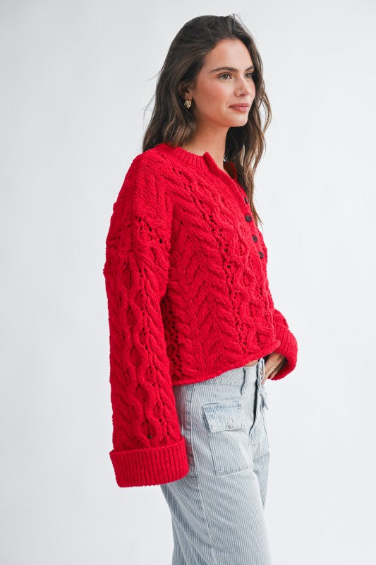 Aemi + Co Textured Cropped Henley Knit Sweater