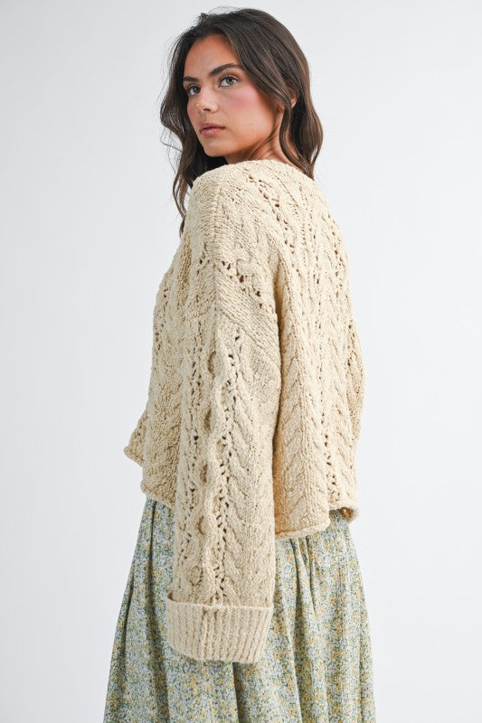 Aemi + Co Textured Cropped Henley Knit Sweater