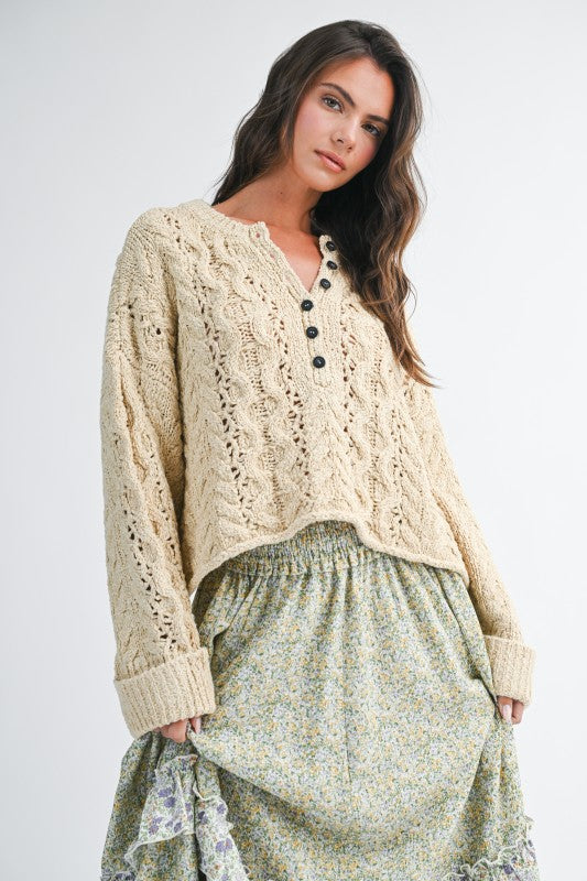 Aemi + Co Textured Cropped Henley Knit Sweater