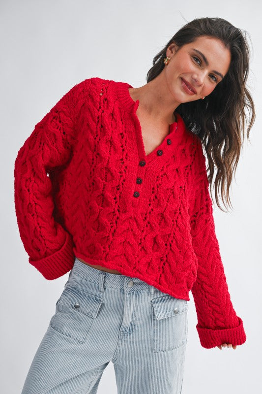 Aemi + Co Textured Cropped Henley Knit Sweater