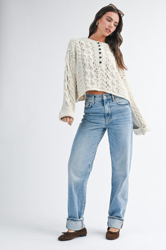 Aemi + Co Textured Cropped Henley Knit Sweater
