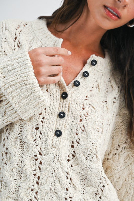 Aemi + Co Textured Cropped Henley Knit Sweater