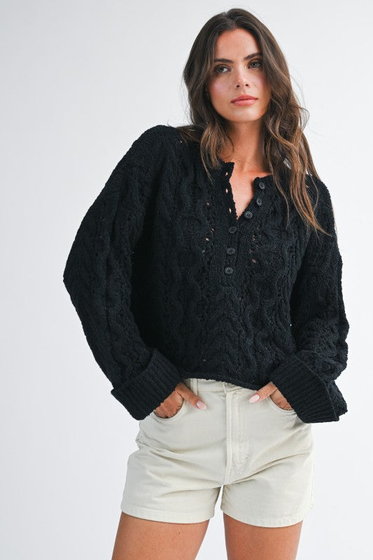 Aemi + Co Textured Cropped Henley Knit Sweater