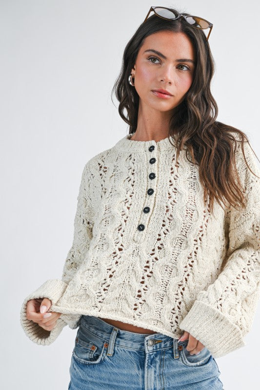 Aemi + Co Textured Cropped Henley Knit Sweater