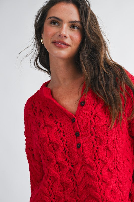 Aemi + Co Textured Cropped Henley Knit Sweater
