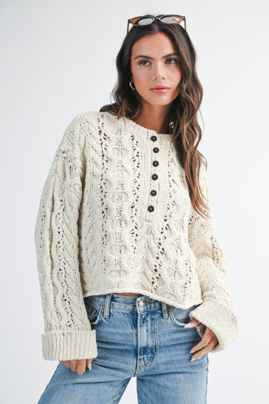Aemi + Co Textured Cropped Henley Knit Sweater