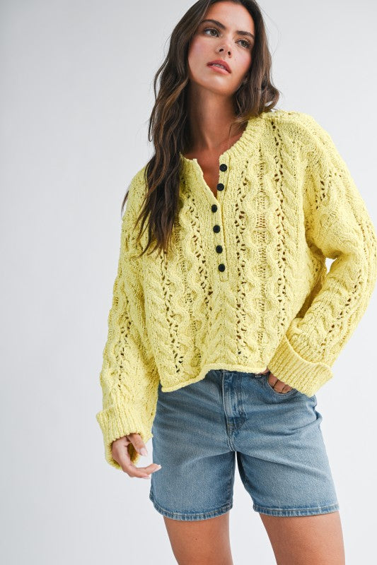 Aemi + Co Textured Cropped Henley Knit Sweater