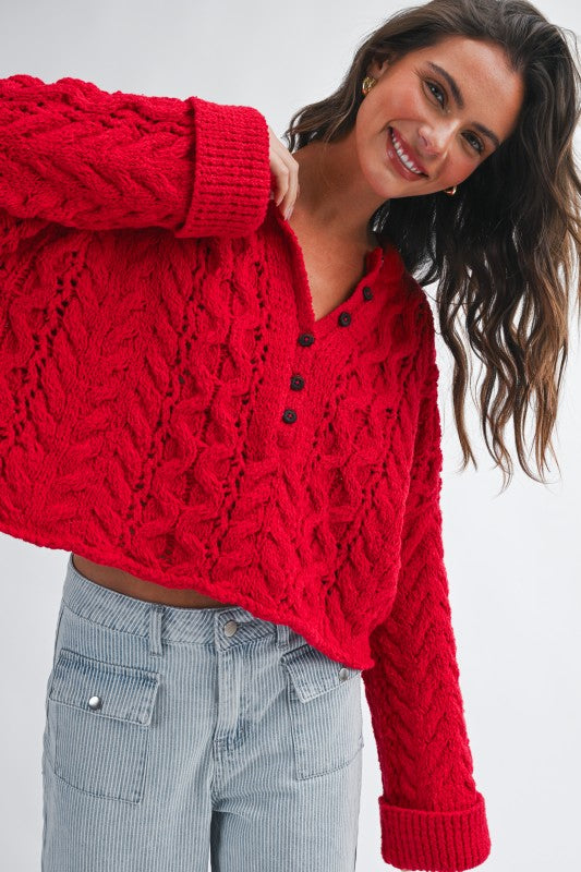 Aemi + Co Textured Cropped Henley Knit Sweater