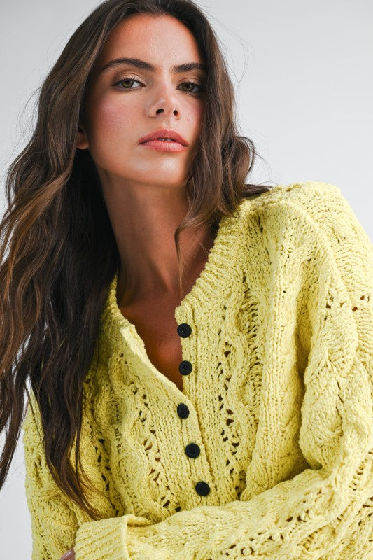 Aemi + Co Textured Cropped Henley Knit Sweater