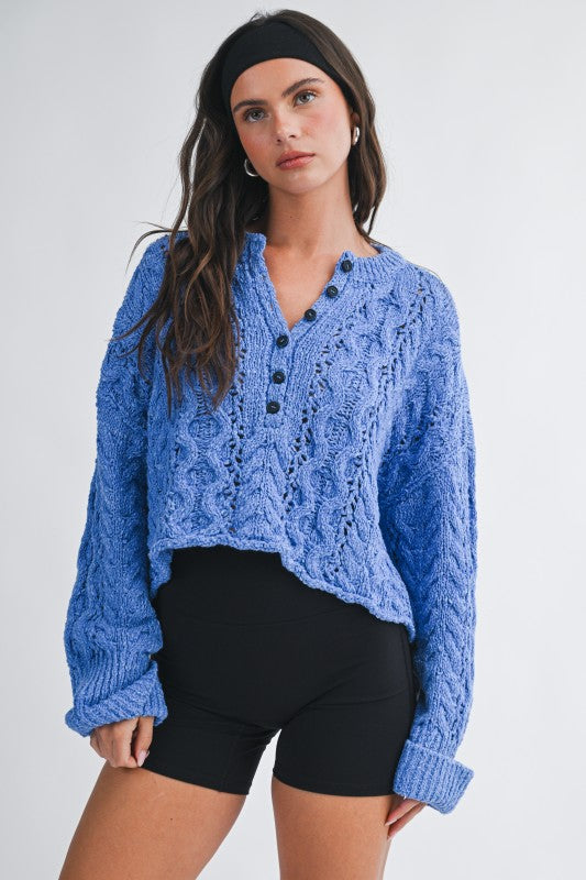 Aemi + Co Textured Cropped Henley Knit Sweater