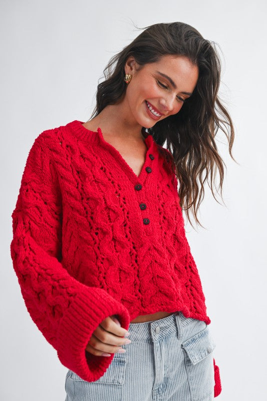 Aemi + Co Textured Cropped Henley Knit Sweater