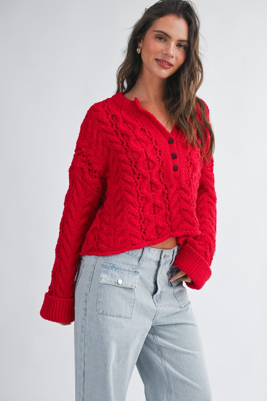 Aemi + Co Textured Cropped Henley Knit Sweater