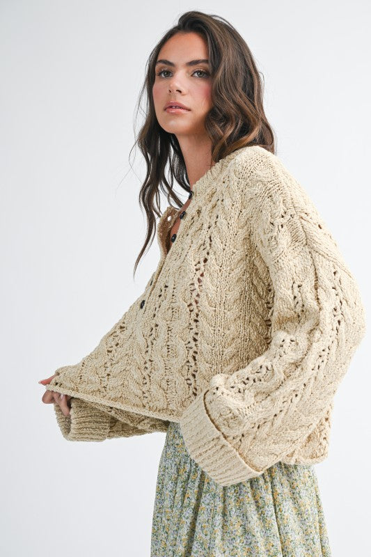 Aemi + Co Textured Cropped Henley Knit Sweater