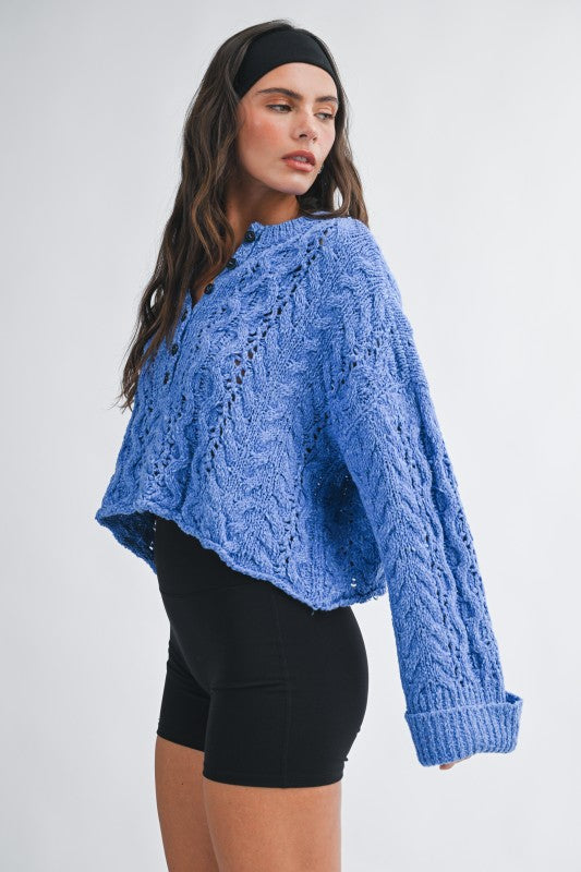 Aemi + Co Textured Cropped Henley Knit Sweater