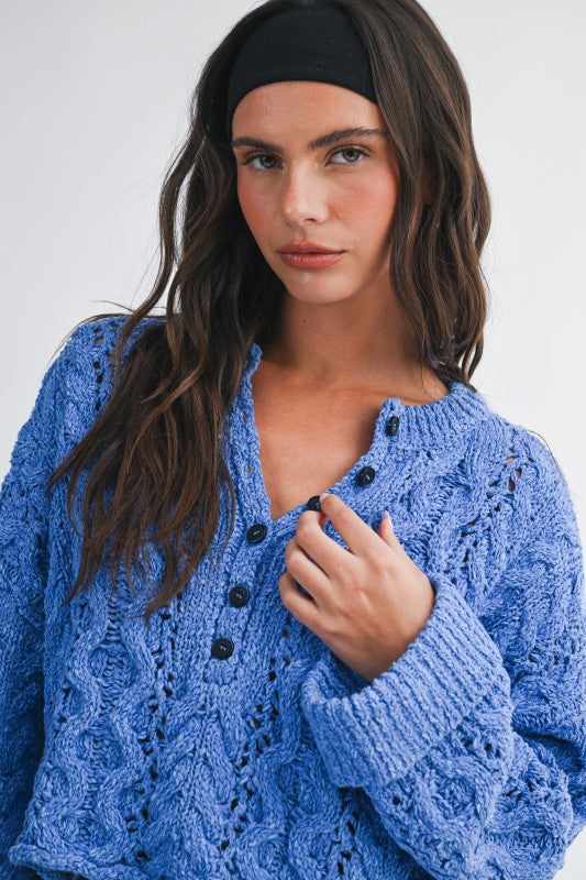 Aemi + Co Textured Cropped Henley Knit Sweater