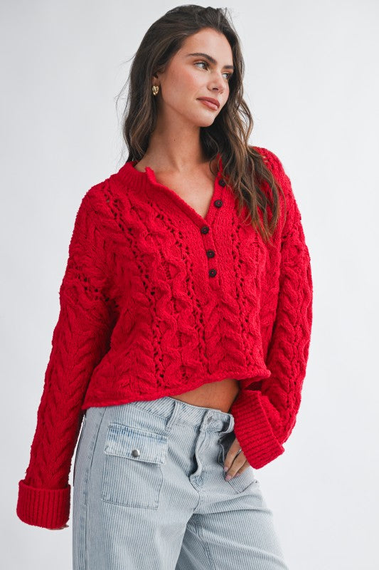Aemi + Co Textured Cropped Henley Knit Sweater
