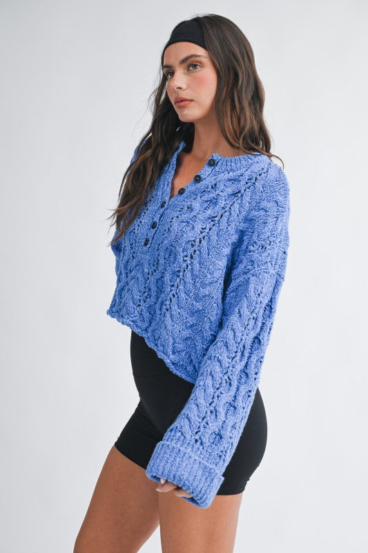 Aemi + Co Textured Cropped Henley Knit Sweater