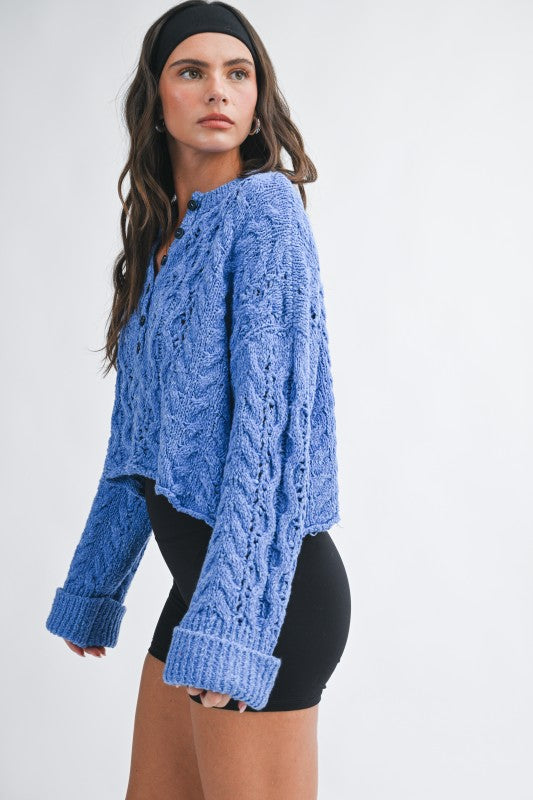 Aemi + Co Textured Cropped Henley Knit Sweater