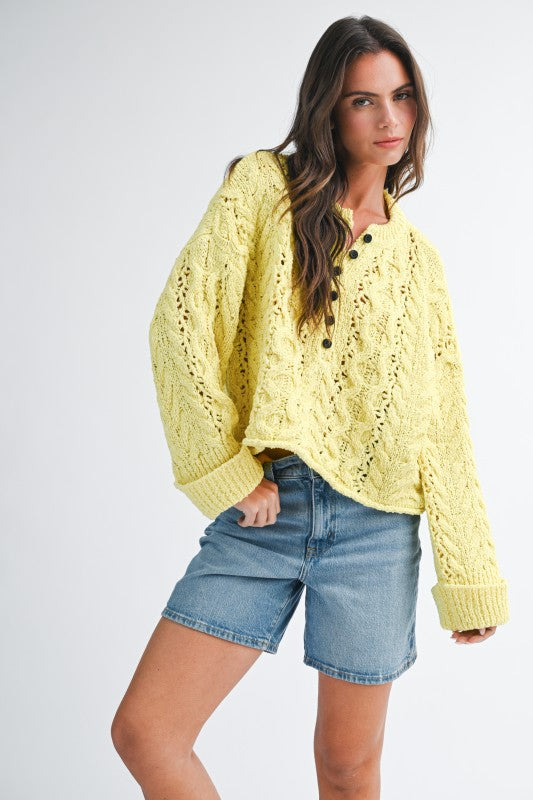 Aemi + Co Textured Cropped Henley Knit Sweater