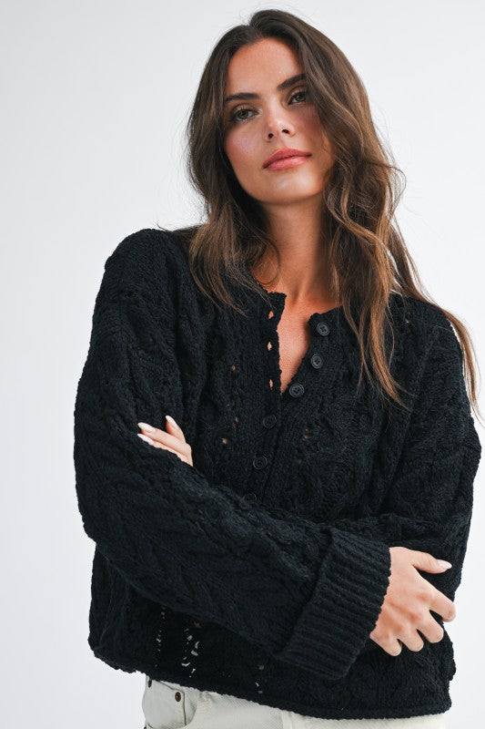 Aemi + Co Textured Cropped Henley Knit Sweater