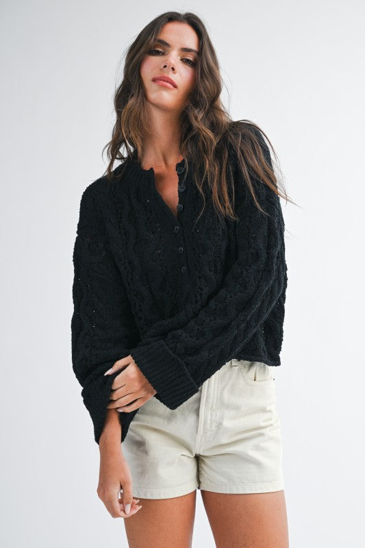 Aemi + Co Textured Cropped Henley Knit Sweater