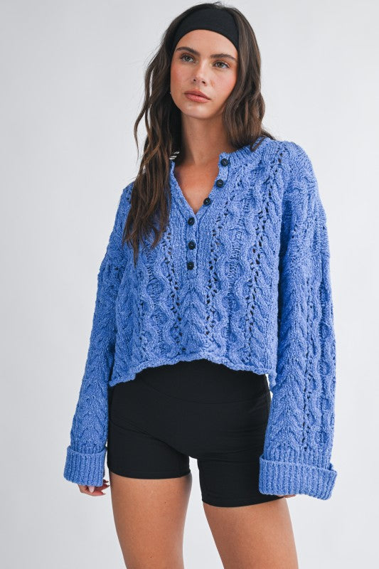 Aemi + Co Textured Cropped Henley Knit Sweater