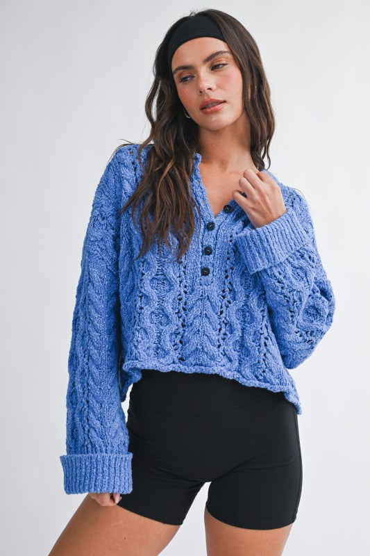 Aemi + Co Textured Cropped Henley Knit Sweater