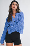 Aemi + Co Textured Cropped Henley Knit Sweater BLUE S