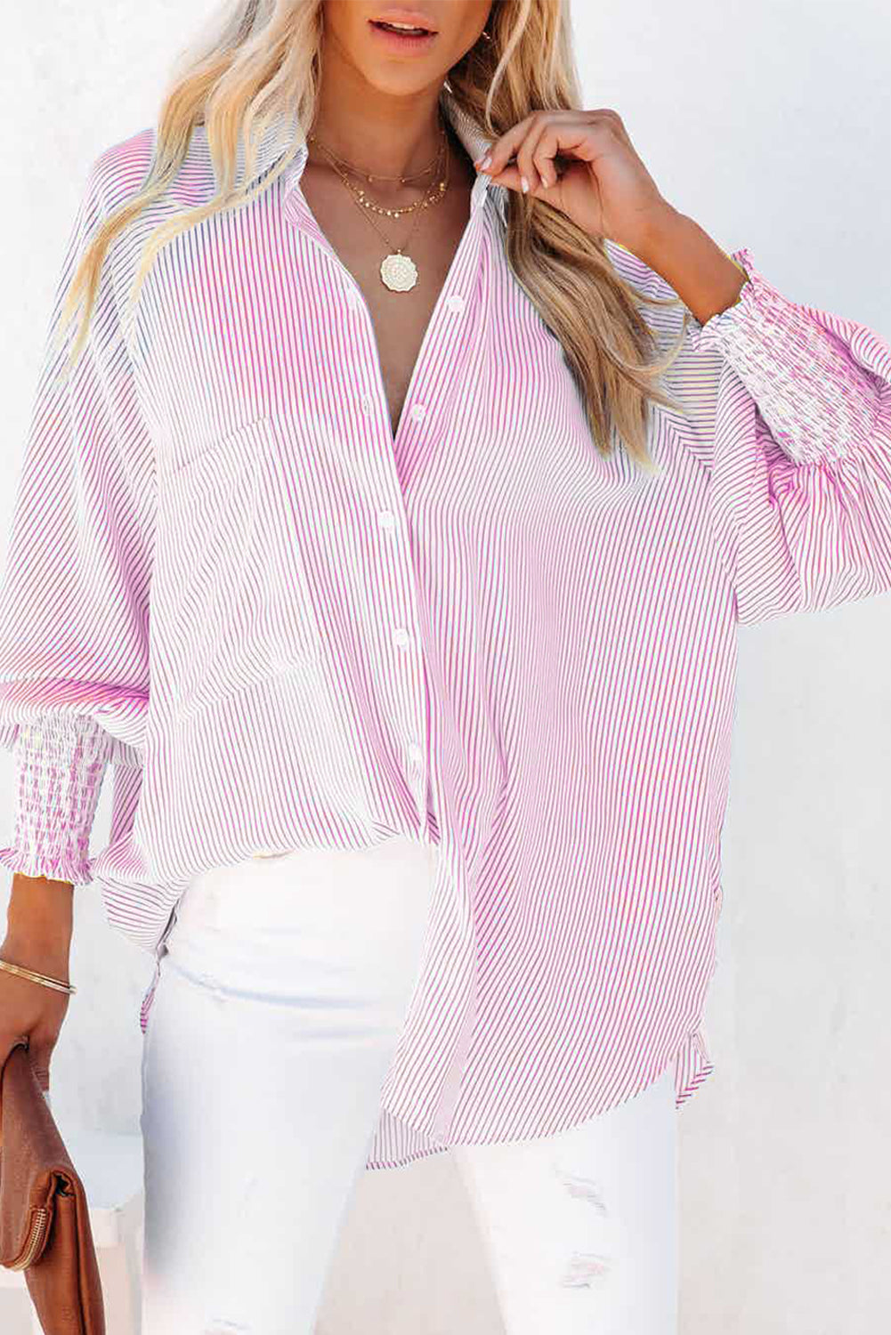 Sky Blue Smocked Cuffed Striped Boyfriend Shirt with Pocket Pink 100%Polyester