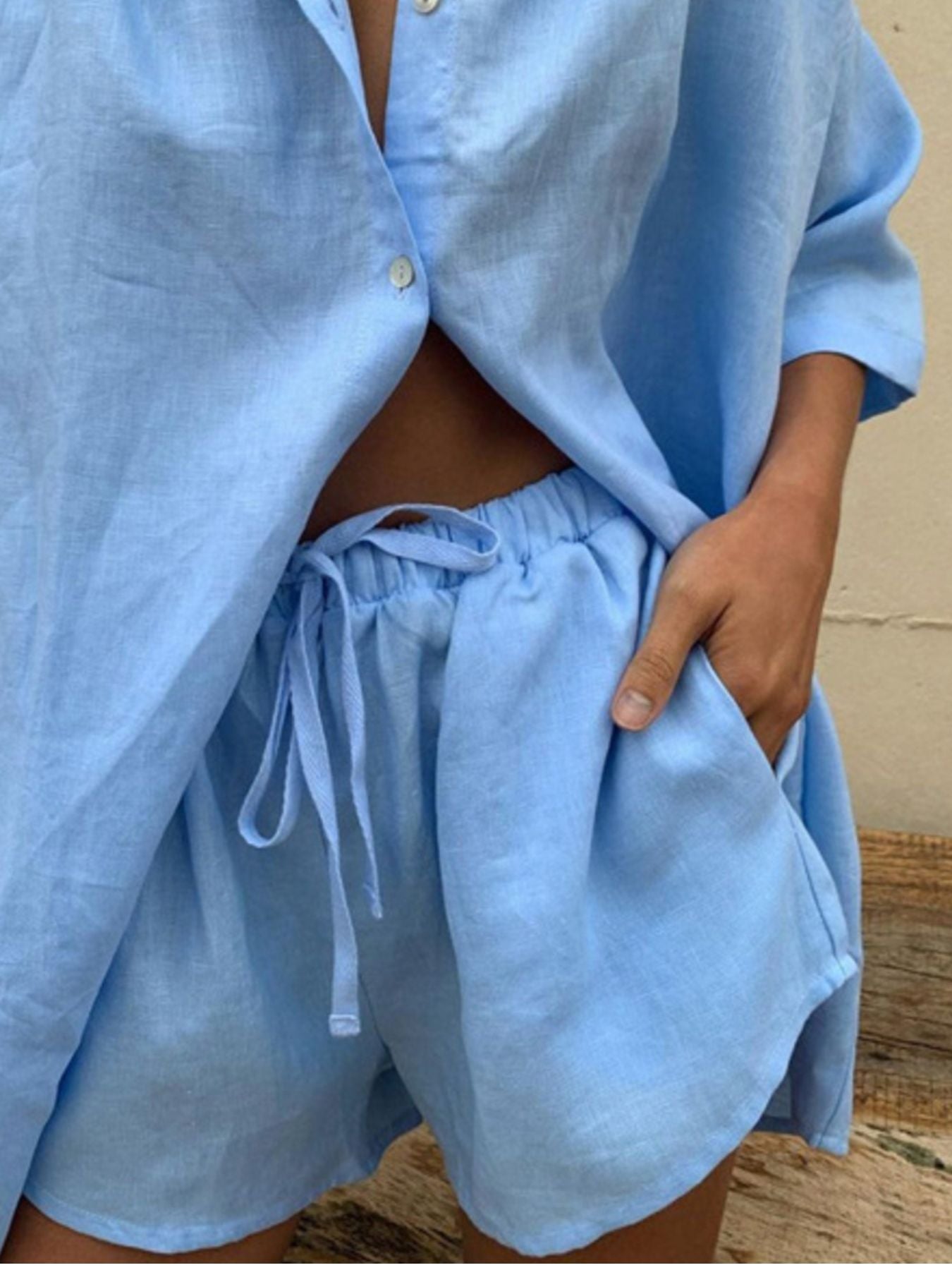 Button Up Shirt and Drawstring Shorts Set