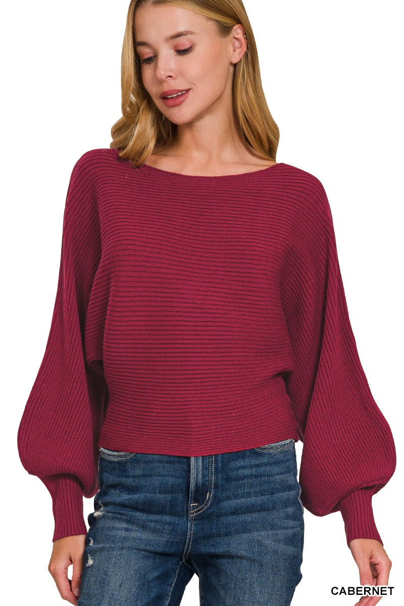 Zenana Boat Neck Balloon Sleeve Sweater CABERNET