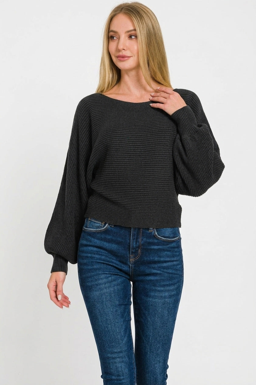 Zenana Boat Neck Balloon Sleeve Sweater