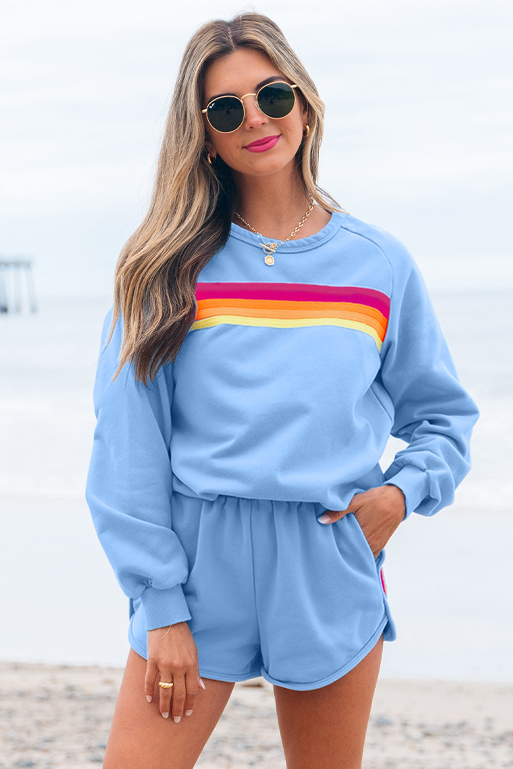 Bonbon Striped Accent Pullover and Shorts Two Piece Casual Set Beau Blue 50%Polyester+50%Cotton