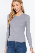 ACTIVE BASIC Full Size Ribbed Round Neck Long Sleeve Knit Top GREY