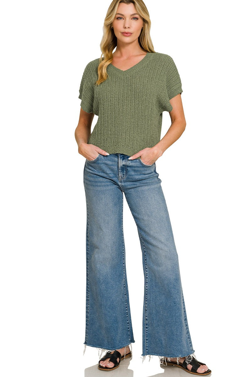 Zenana Textured Knit V-Neck Cropped Sweater