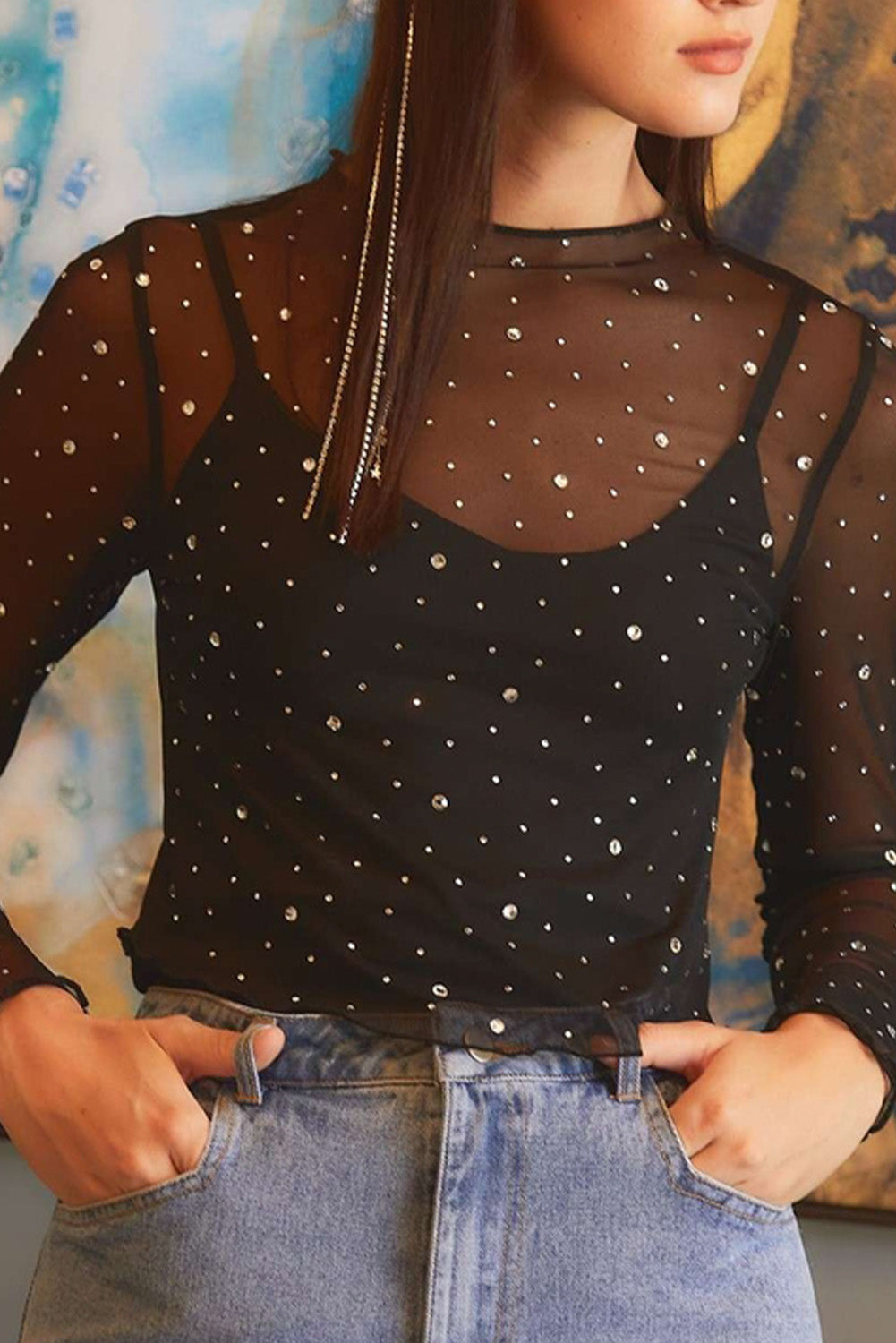 Black Rhinestone Sheer Mesh Slim Fit Long Sleeve Top Black 95%Polyester+5%Elastane