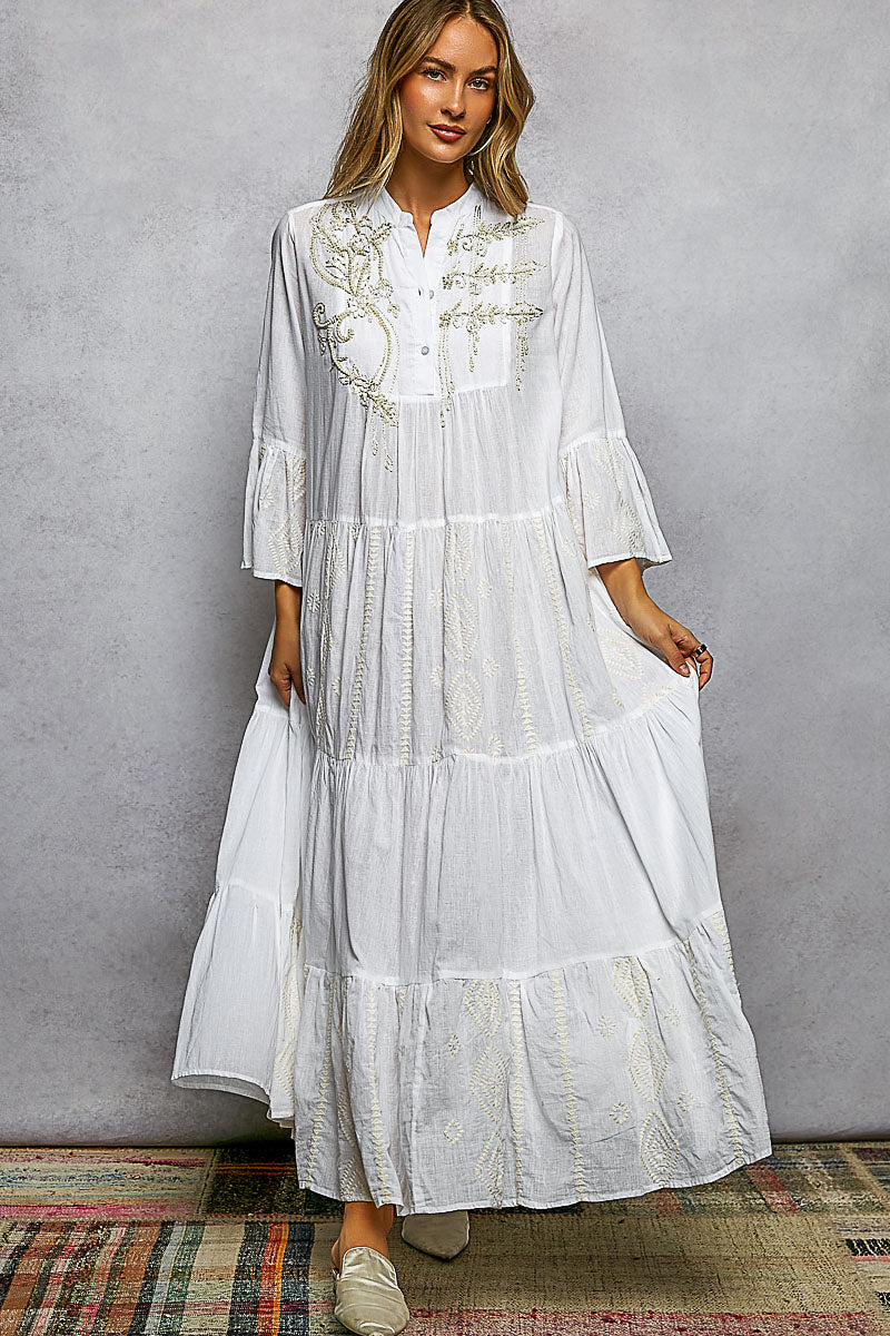 POL Embroidered Floral Tiered Maxi Dress IVORY