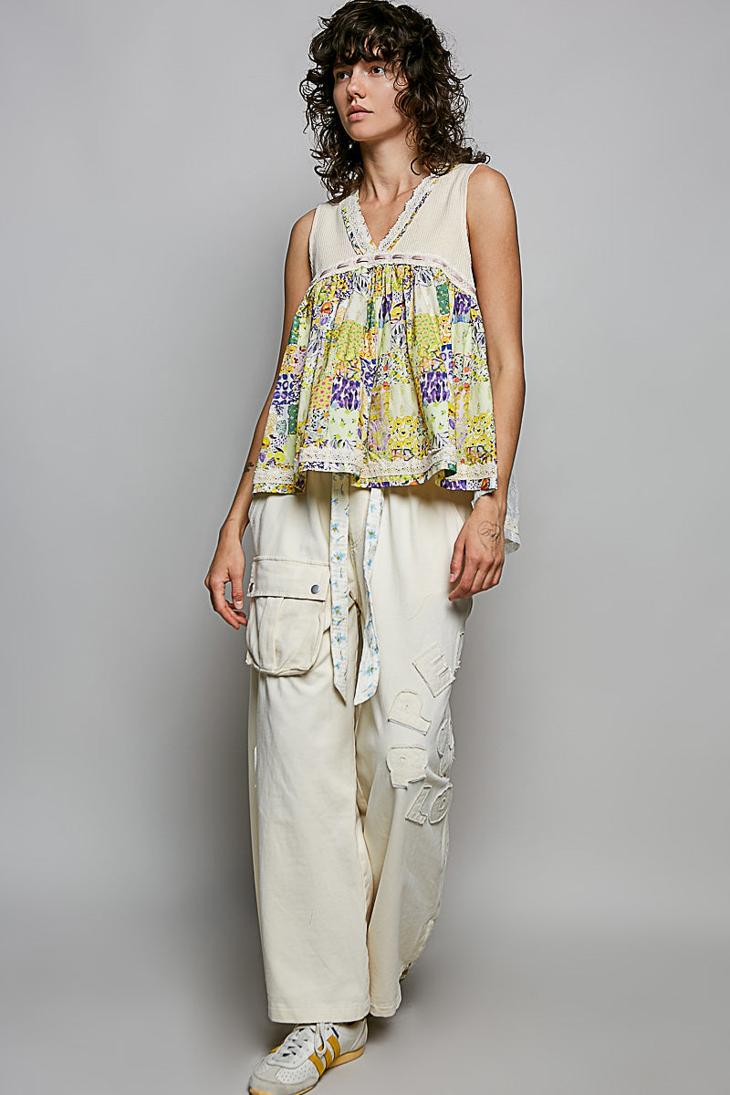 POL Floral V-Neck Sheer Tank with Lace Trim