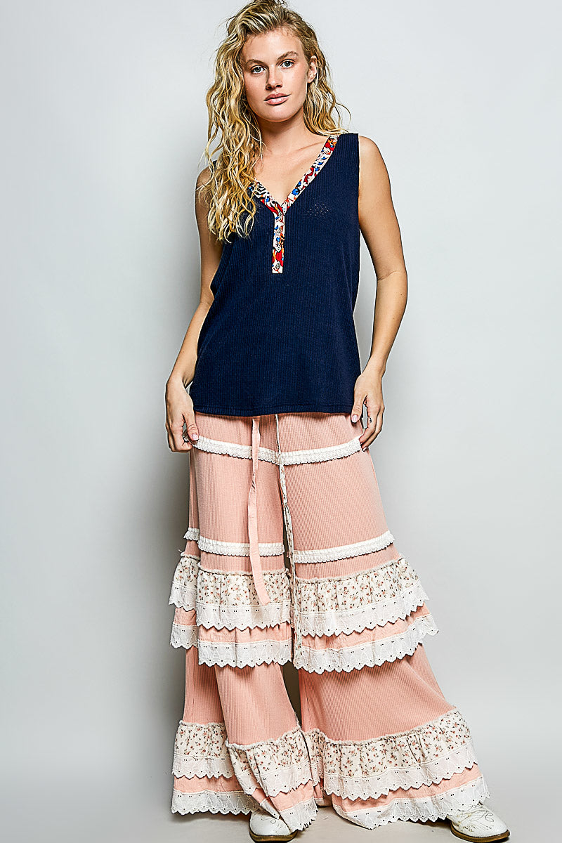 POL Ribbed V-Neck Tank with Contrast Floral Neckband