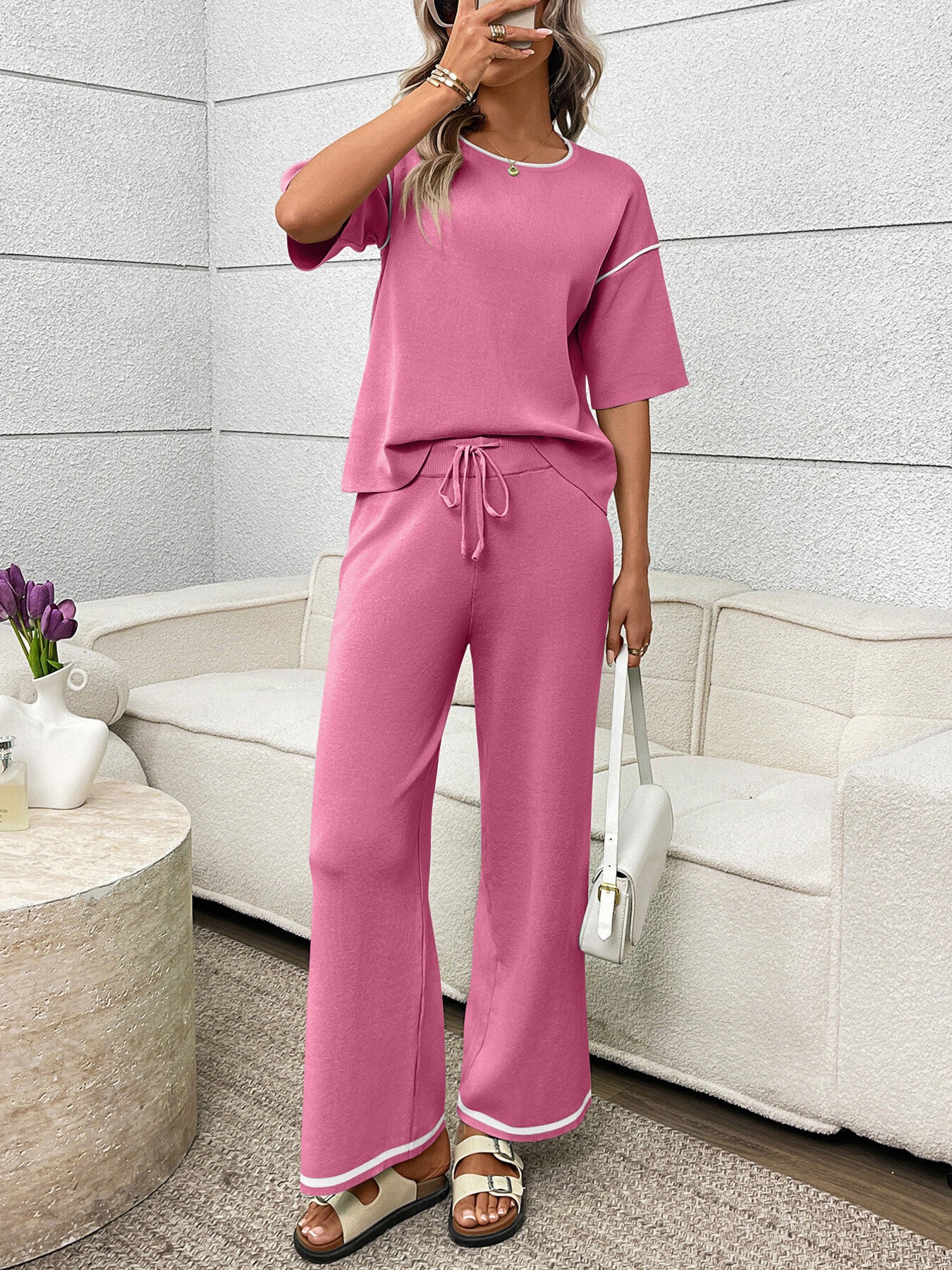 Round Neck Half Sleeve Top and Pants Set