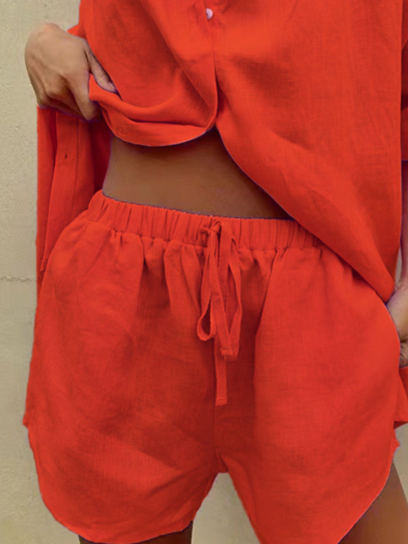 Button Up Shirt and Drawstring Shorts Set