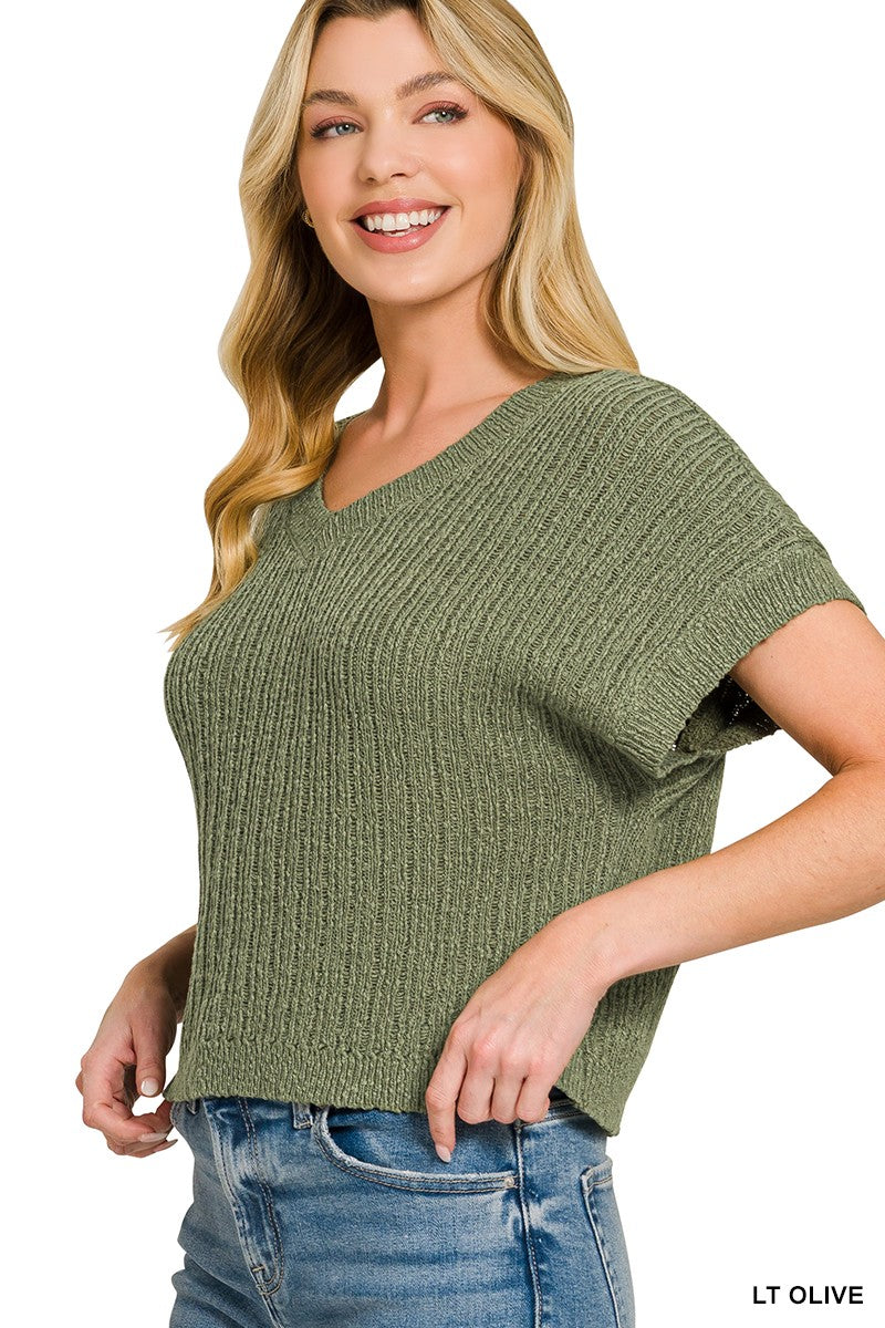 Zenana Textured Knit V-Neck Cropped Sweater