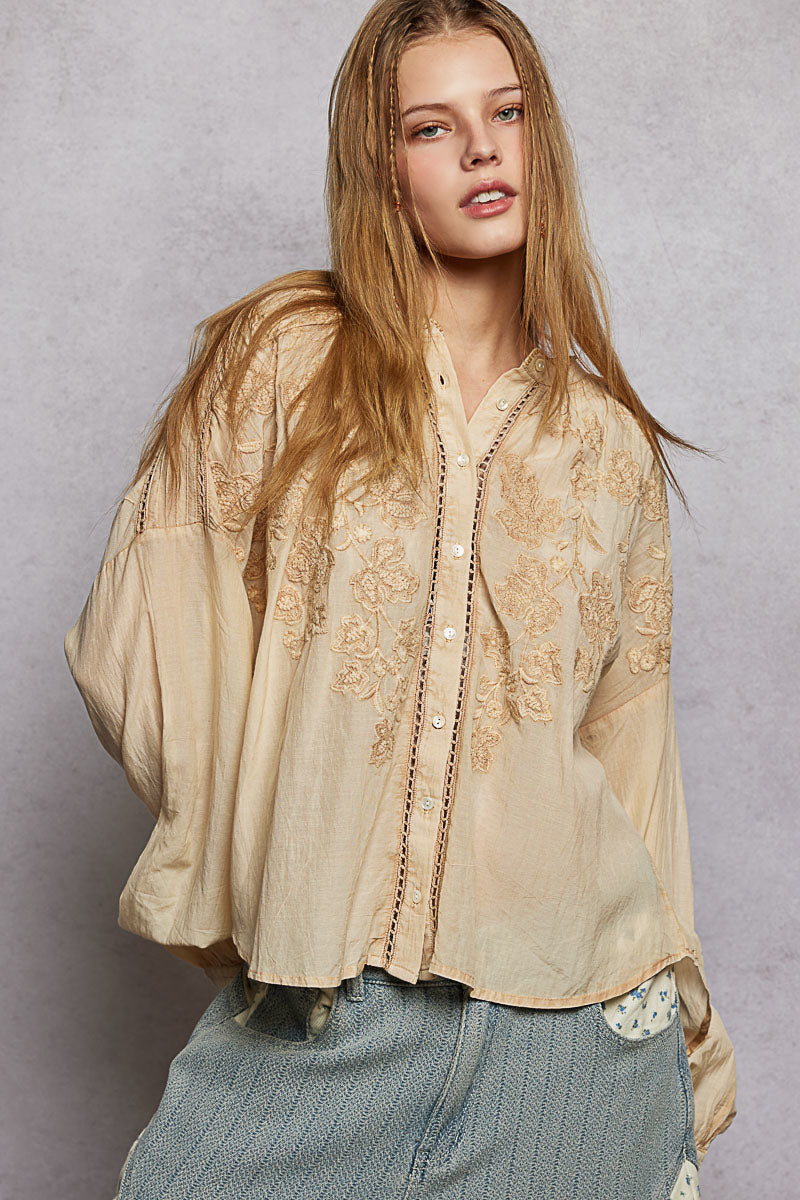 POL Embroidery Button Down Long Sleeve Washed Shirt