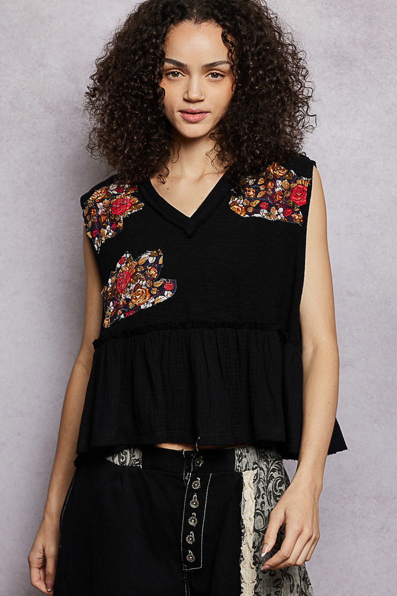 POL Floral Patch Ruffled Sleeveless Top with Raw Edge Detail